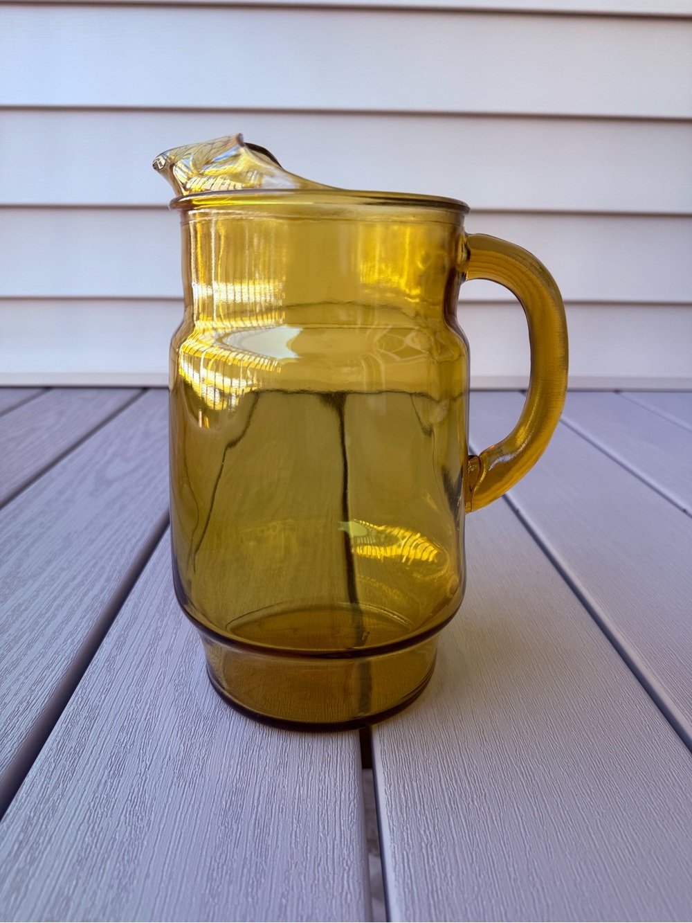 Vintage Anchor Hocking Amber Glass Pitcher Ice Lip Honey Gold MCM 72 oz